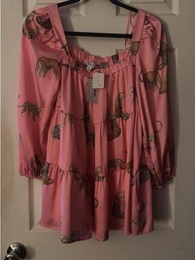 Pink Leopard Print Tiered Peasant Blouse